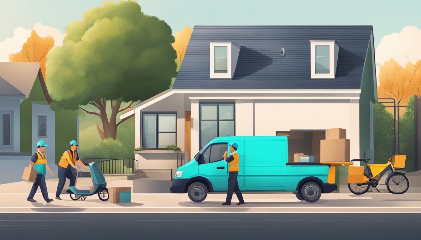 A delivery truck parks outside a home. Two workers carry a sofa set inside. A woman signs for the delivery. A care manual sits on the coffee table