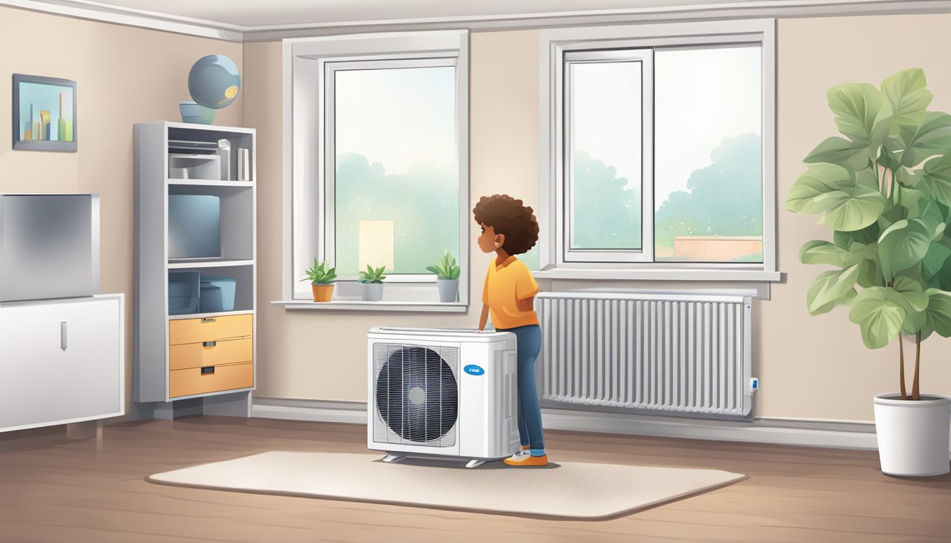 A person choosing an air conditioner unit from a display, then installing it in a room with a window