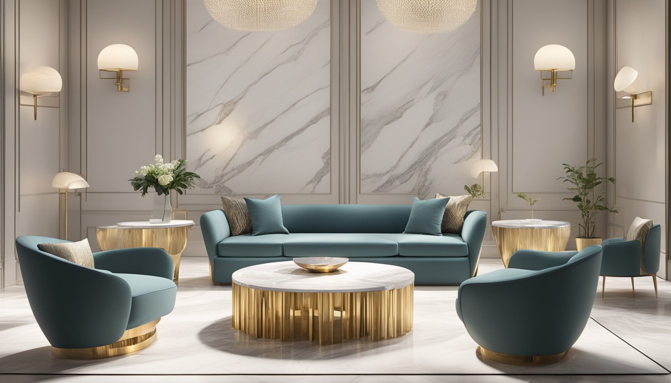 A marble coffee table sits in a well-lit showroom, surrounded by other elegant furniture. The table's smooth, polished surface reflects the ambient light, showcasing the intricate patterns and natural beauty of the marble