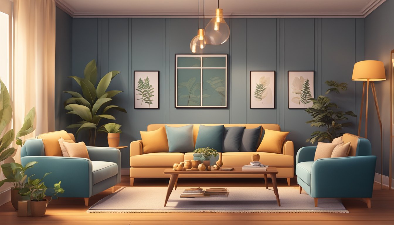 A cozy living room with a comfortable and stylish sofa in the center, surrounded by warm lighting and decorative accents