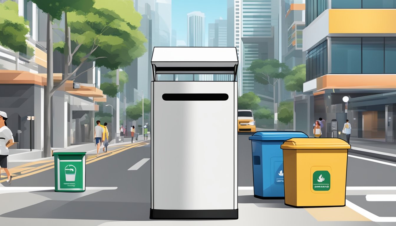 A modern, sleek dustbin stands against a backdrop of a clean and bustling Singapore street, with separate compartments for recyclables and general waste