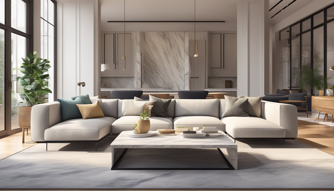 A sleek marble coffee table in a modern living room, surrounded by comfortable seating and bathed in natural light