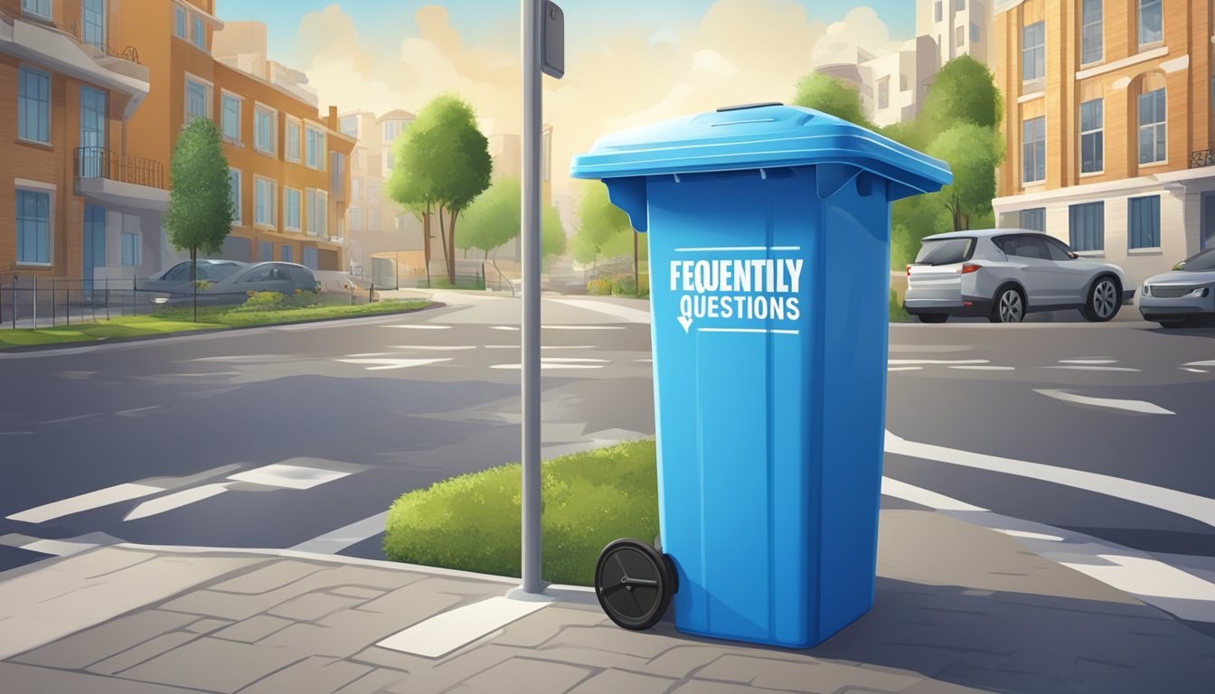 A bright blue dustbin with "Frequently Asked Questions" printed on it, surrounded by a clean and well-maintained urban environment