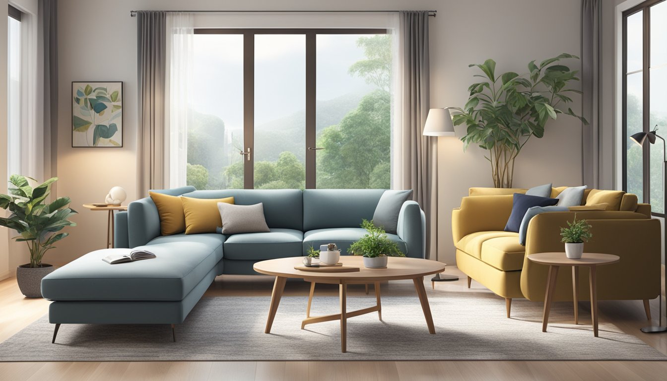 A cozy living room with a modern, affordable sofa in Singapore. A customer service representative answering questions