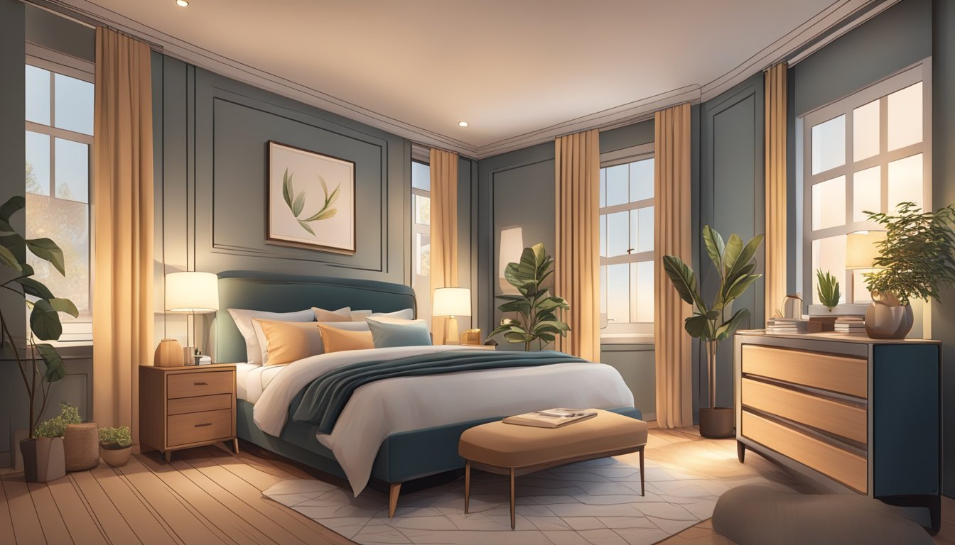 A cozy bedroom with a queen-sized bed, bedside tables, and a dresser. Soft lighting and a warm color scheme create a relaxing atmosphere