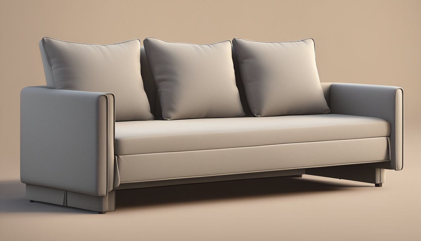A sofa bed with built-in storage sits against a wall, neatly folded and ready for use. The cushions are plump and inviting, and the fabric is a warm, neutral color