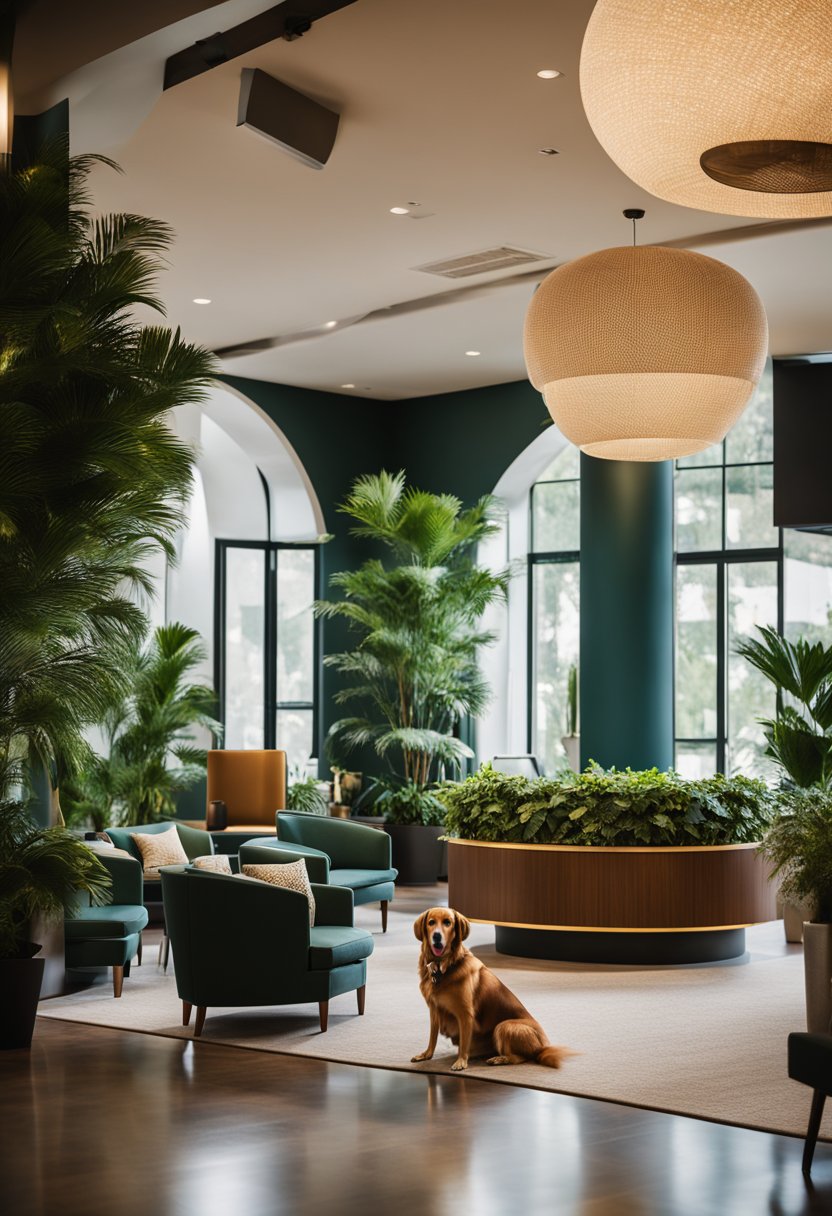 A dog-friendly hotel lobby with cozy seating and a welcoming front desk, surrounded by lush greenery and warm lighting