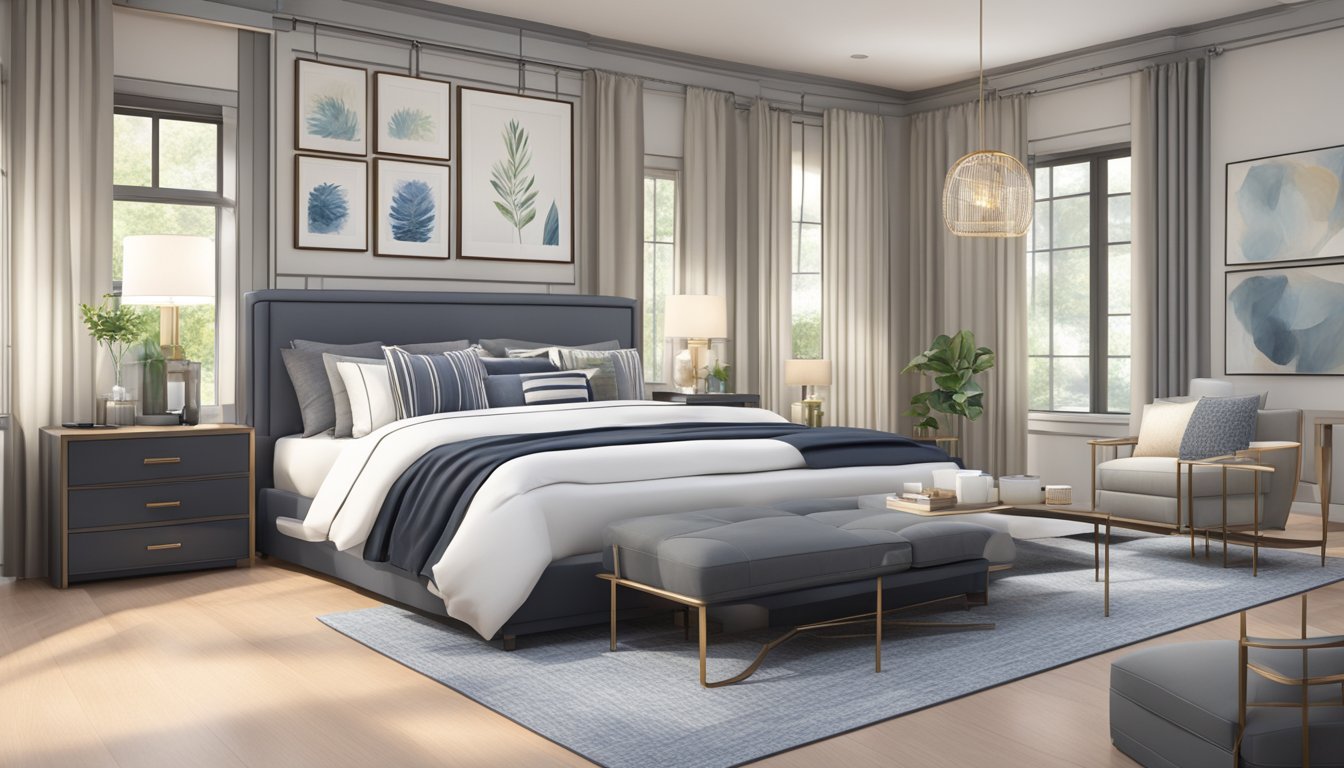 A modern bedroom with a sleek bed, matching nightstands, and a stylish dresser. The room is well-lit and adorned with tasteful decor, creating a cozy and inviting atmosphere