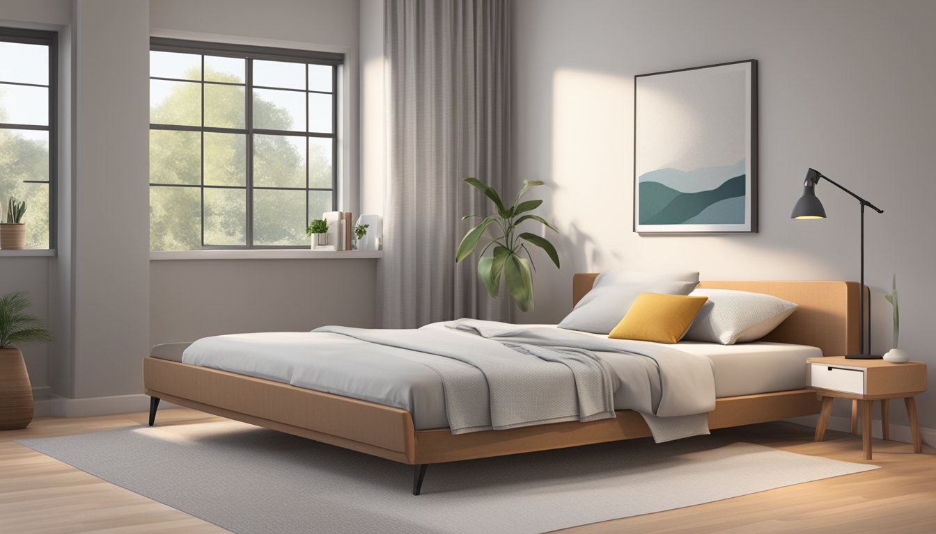 A super single mattress sits in a spacious room, its dimensions clearly displayed. The bed is neatly made with crisp linens, and a bedside table with a lamp stands nearby