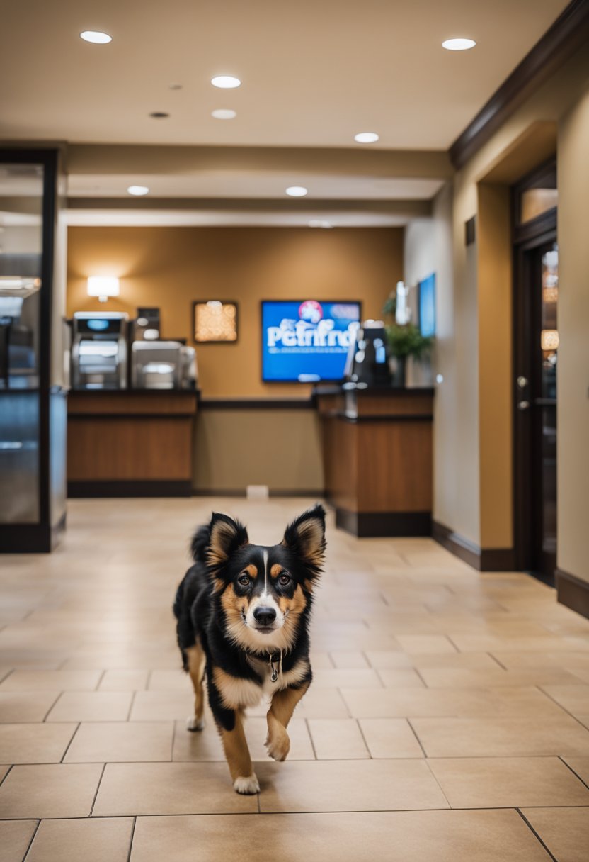 A dog walks through the lobby of Comfort Suites Waco North, passing a sign that reads "pet-friendly." The hotel's mid-scale decor and cozy atmosphere are evident in the scene