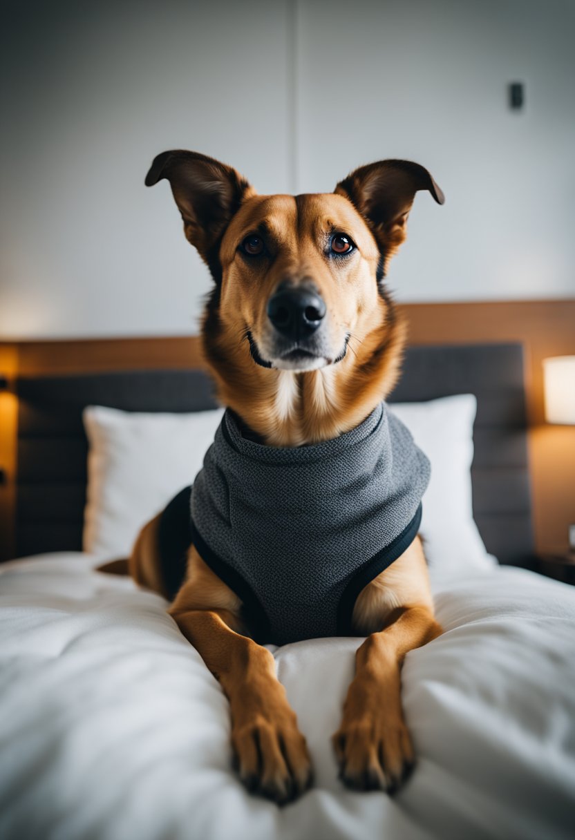 A dog lounges on a cozy bed in a modern hotel room with pet-friendly amenities. The room features contemporary decor and a welcoming atmosphere