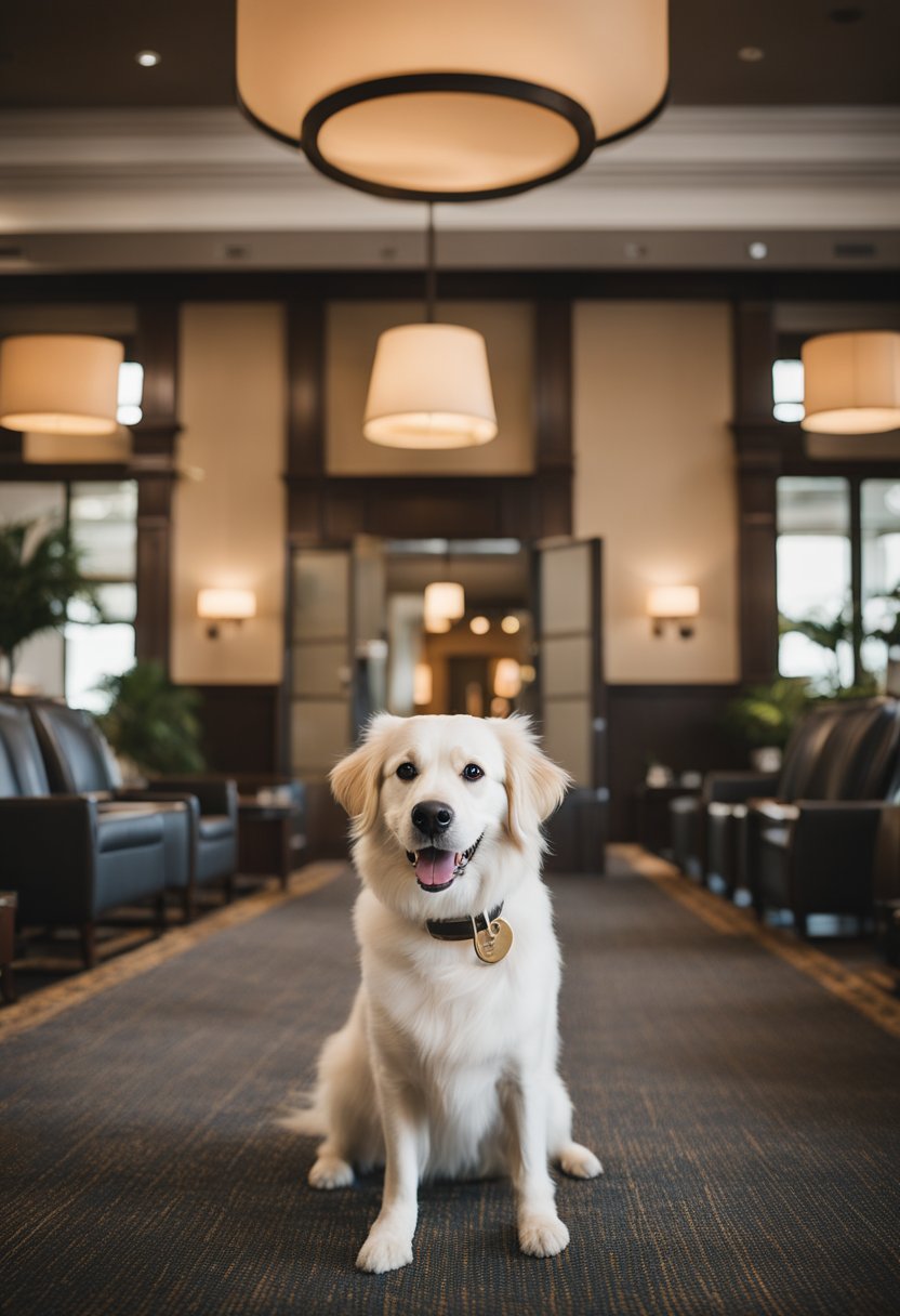 A dog happily walks through the lobby of a pet-friendly mid-scale hotel in Waco, with a welcoming front desk and a cozy seating area for pet owners