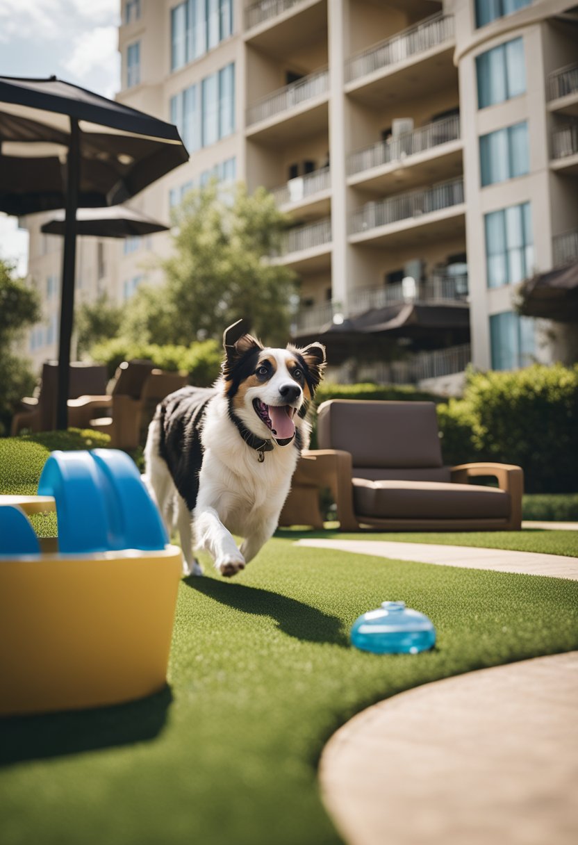 A dog happily plays in a spacious, grassy area while a hotel employee fills a water bowl. A sign advertises pet-friendly amenities at a mid-scale hotel in Waco