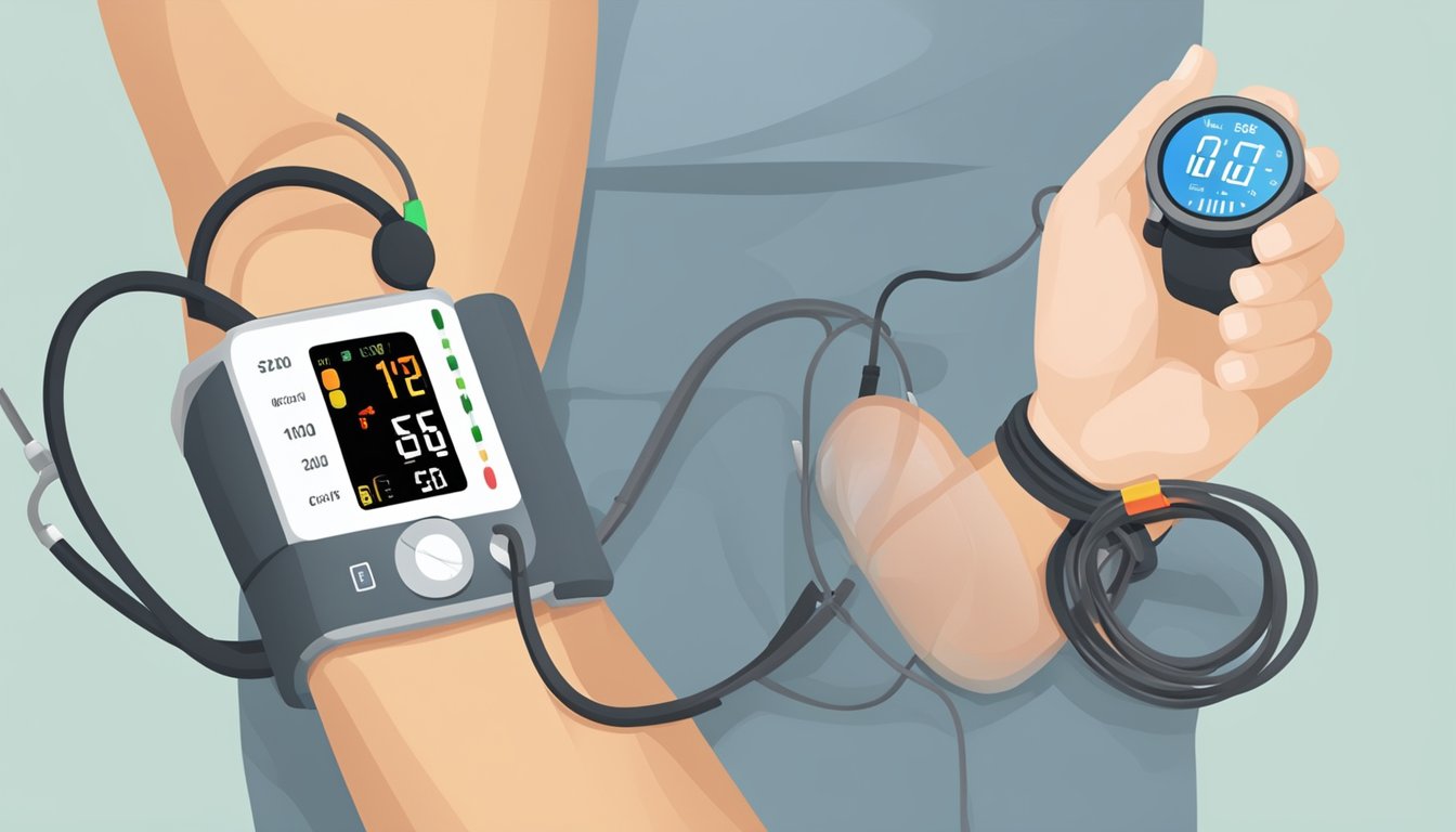 A blood pressure cuff tightening on a arm, while a heart rate monitor displays a high heart rate reading