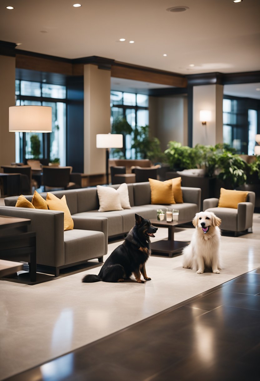 A cozy hotel lobby with a welcoming pet area, complete with water bowls and comfy pet beds. A friendly staff member greets a guest with a furry companion, while other guests chat and relax in the comfortable seating areas