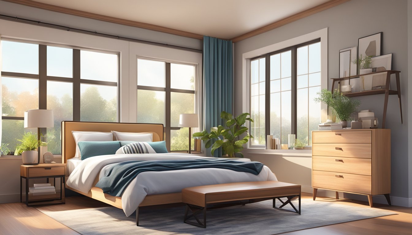 A cozy bedroom with a modern bed, nightstand, and stylish decor. A large window lets in natural light, creating a warm and inviting atmosphere
