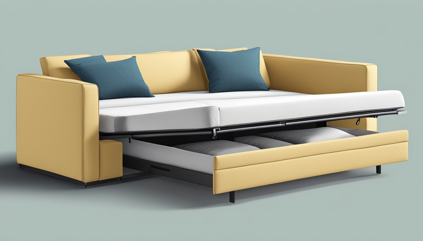 A sofa bed with storage is being opened to reveal its functionality. The cushions are fluffed, and the storage compartment is being accessed