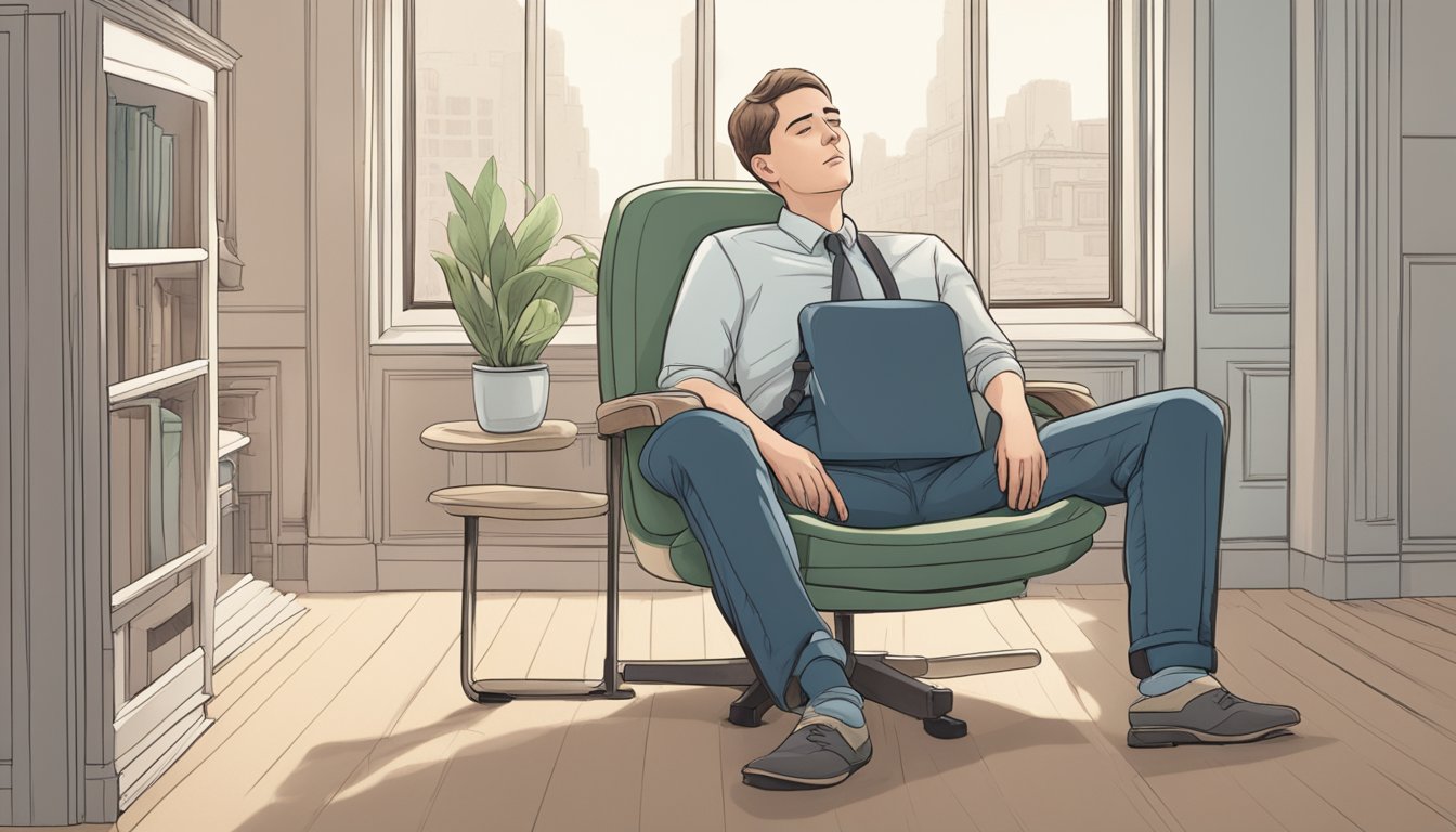 A person sitting on a chair with a pale complexion, feeling dizzy, and holding onto the chair to steady themselves