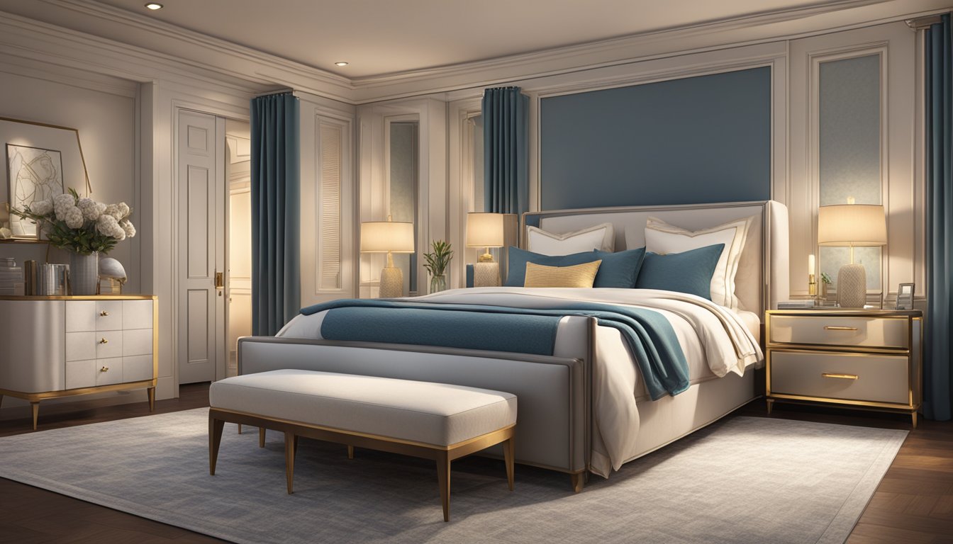 A luxurious bedroom with a spacious, elegant king-sized bed, adorned with plush pillows and a soft, inviting duvet. The room is bathed in warm, soothing light, creating a tranquil and restful atmosphere