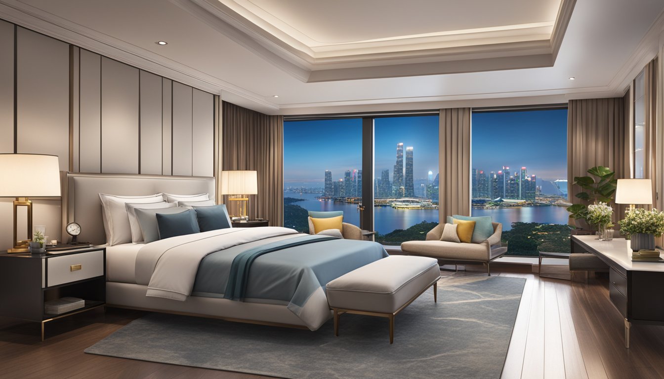 A spacious, luxurious king bed set against a backdrop of the Singapore skyline, with a modern, elegant design