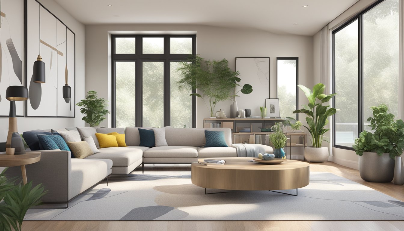 A modern living room with sleek furniture, neutral colors, and pops of vibrant accents. Large windows let in natural light, and plants bring a touch of nature to the space