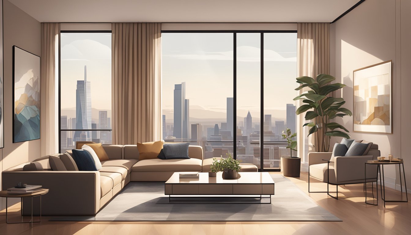 A modern living room with sleek furniture, minimalist decor, and large windows overlooking a city skyline. Warm, neutral tones create a cozy yet sophisticated atmosphere