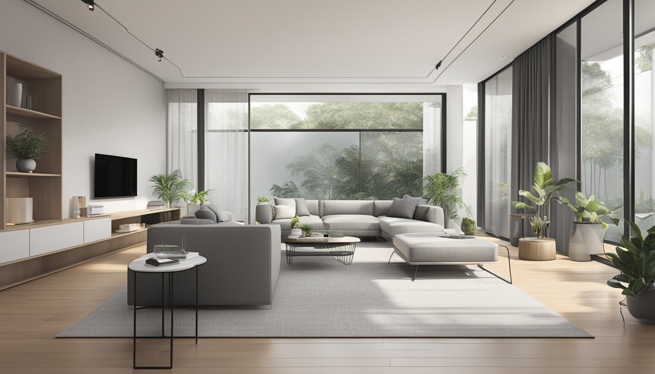 A modern, stylish interior with a sleek design, featuring a minimalist color palette and clean lines, showcasing the best of interior design in Singapore