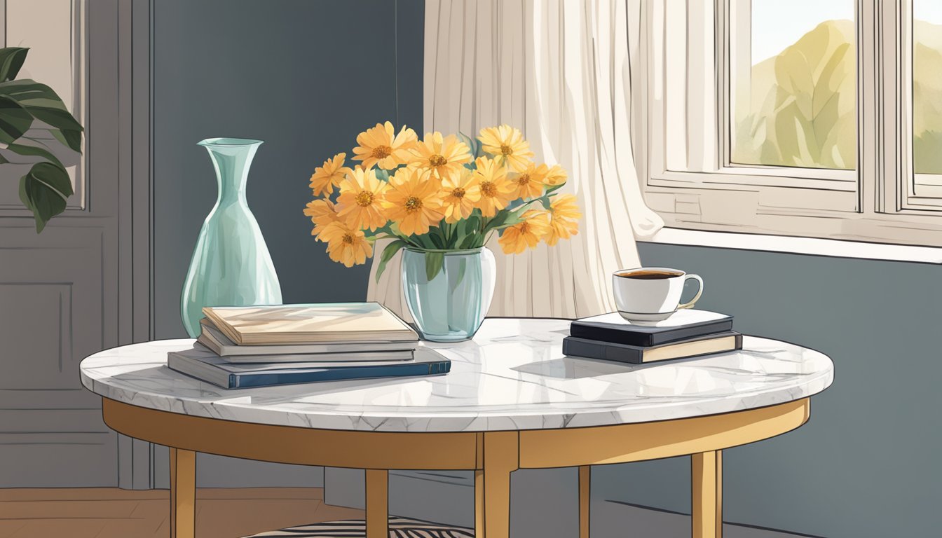 A marble coffee table sits in a sunlit room, adorned with a vase of fresh flowers and a stack of art books