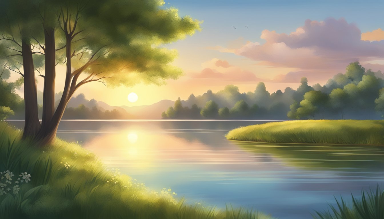 A peaceful scene with a calm lake surrounded by lush greenery, with the sun setting in the background, creating a serene and tranquil atmosphere