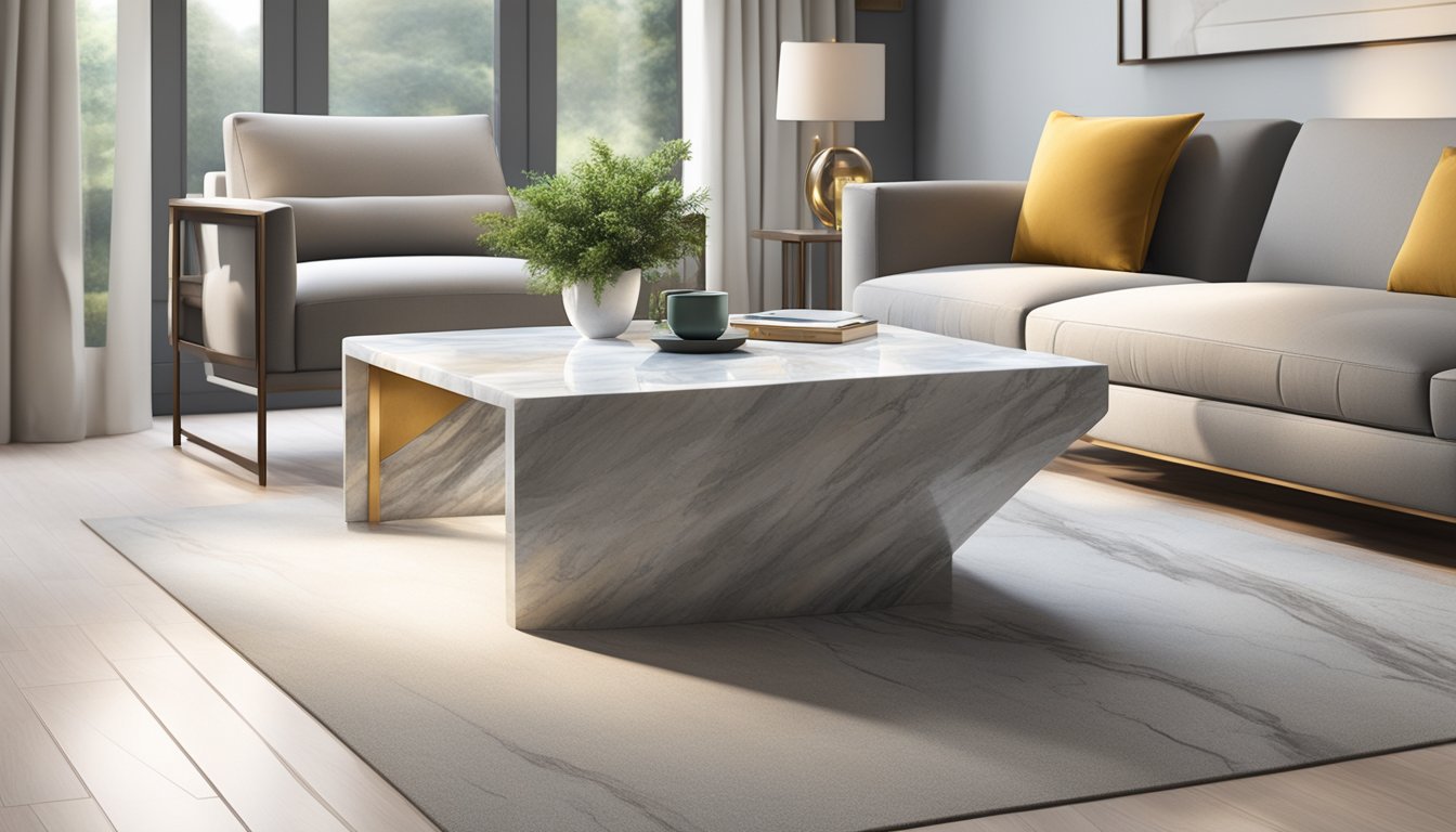 A marble coffee table sits in a well-lit room, exuding quality and care in its pristine surface and elegant design