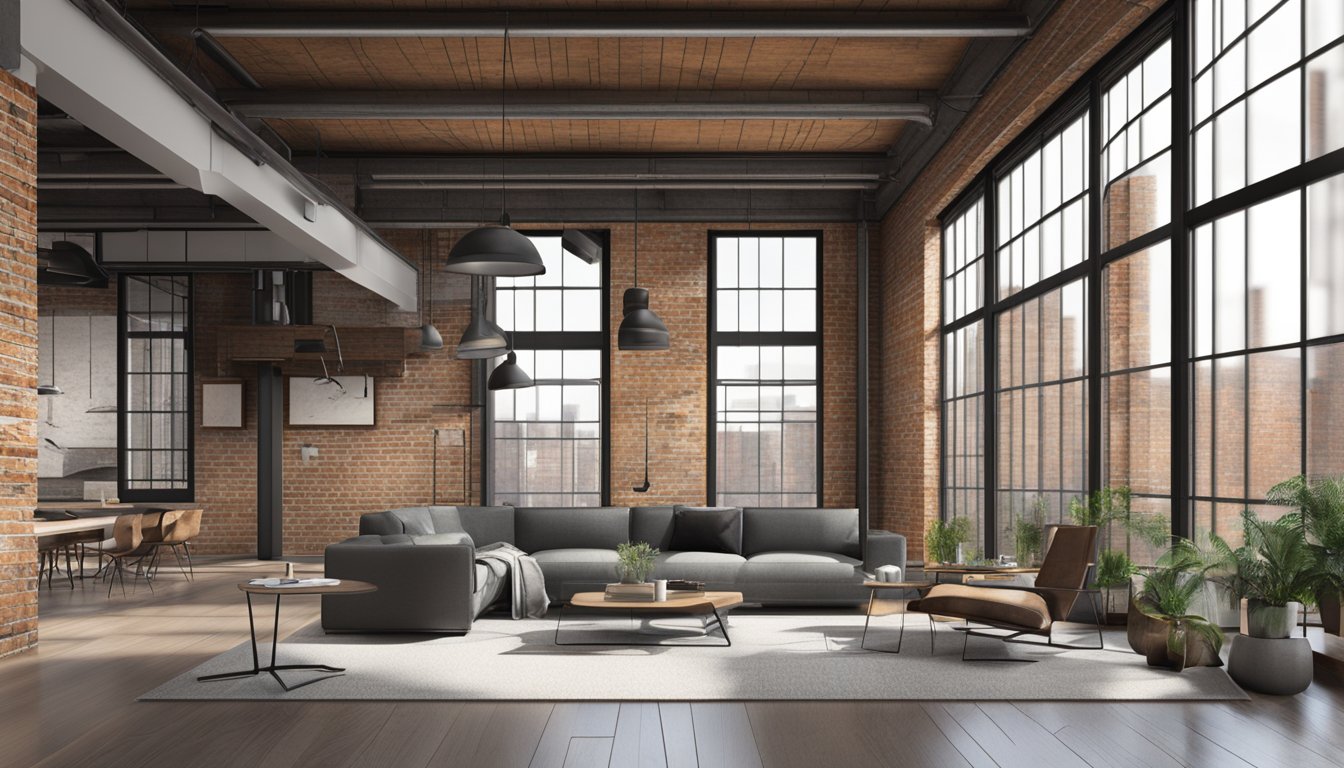 The industrial interior features exposed brick walls, metal beams, and large windows. A mix of raw materials and modern furniture creates a minimalist yet rugged aesthetic
