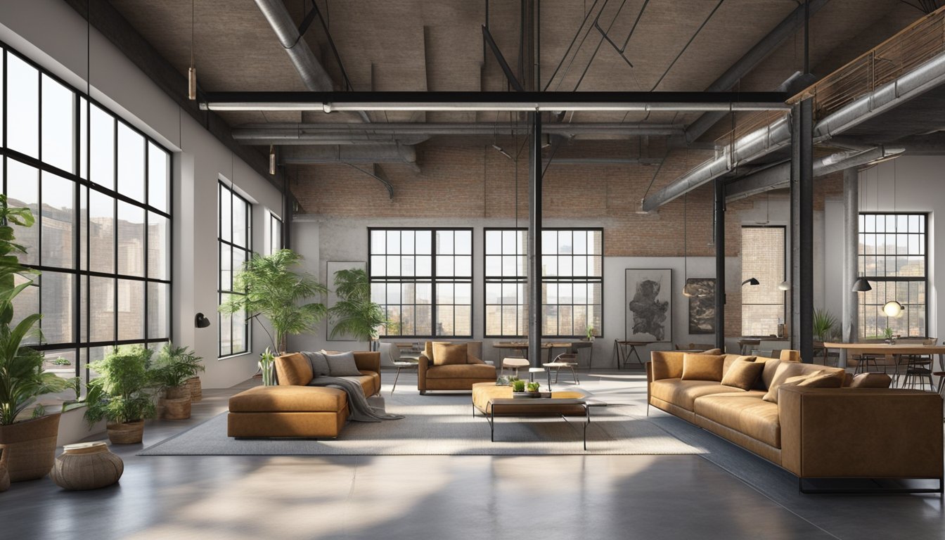 A spacious loft with exposed brick walls, metal beams, and concrete floors. Large industrial windows flood the space with natural light. A mix of raw materials and minimalist furniture creates a modern, urban feel