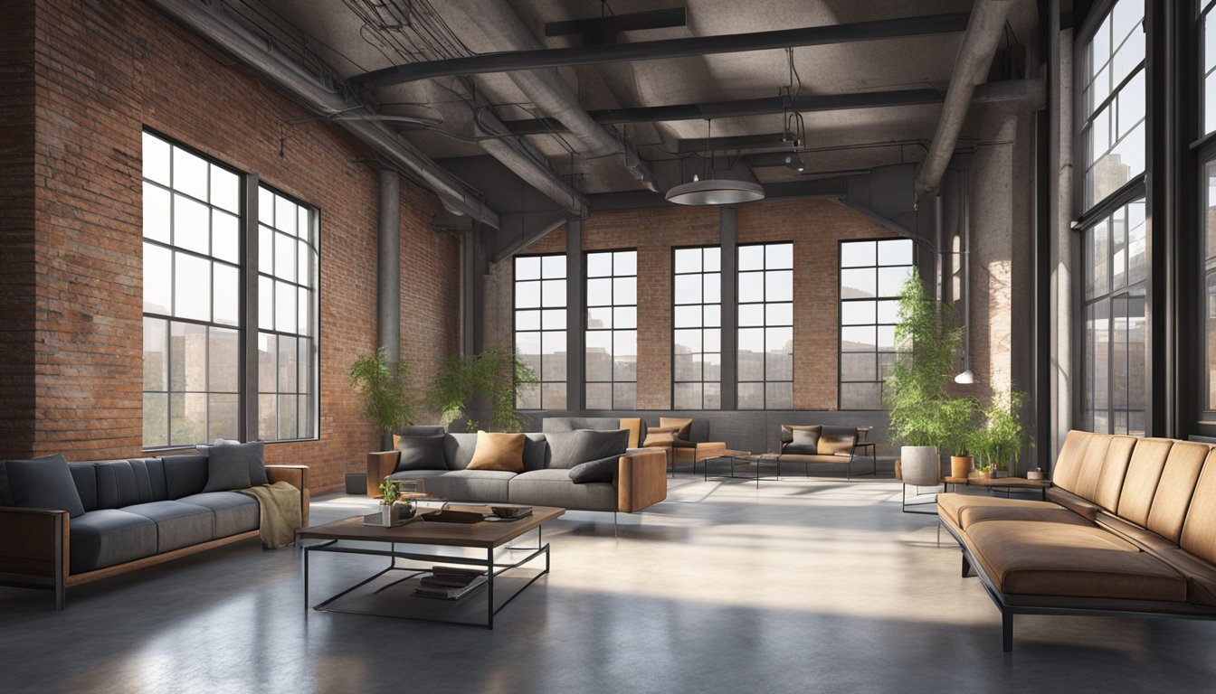 An industrial interior with exposed brick, metal beams, and concrete floors. Large windows let in natural light, casting shadows on the minimalist furniture and industrial decor