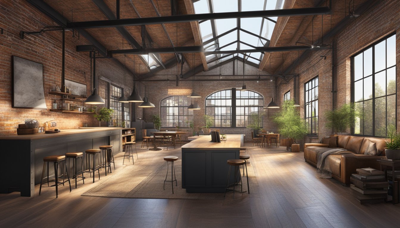 An industrial space with exposed brick walls, metal beams, and large windows. Vintage furniture and industrial lighting create a modern yet rustic atmosphere