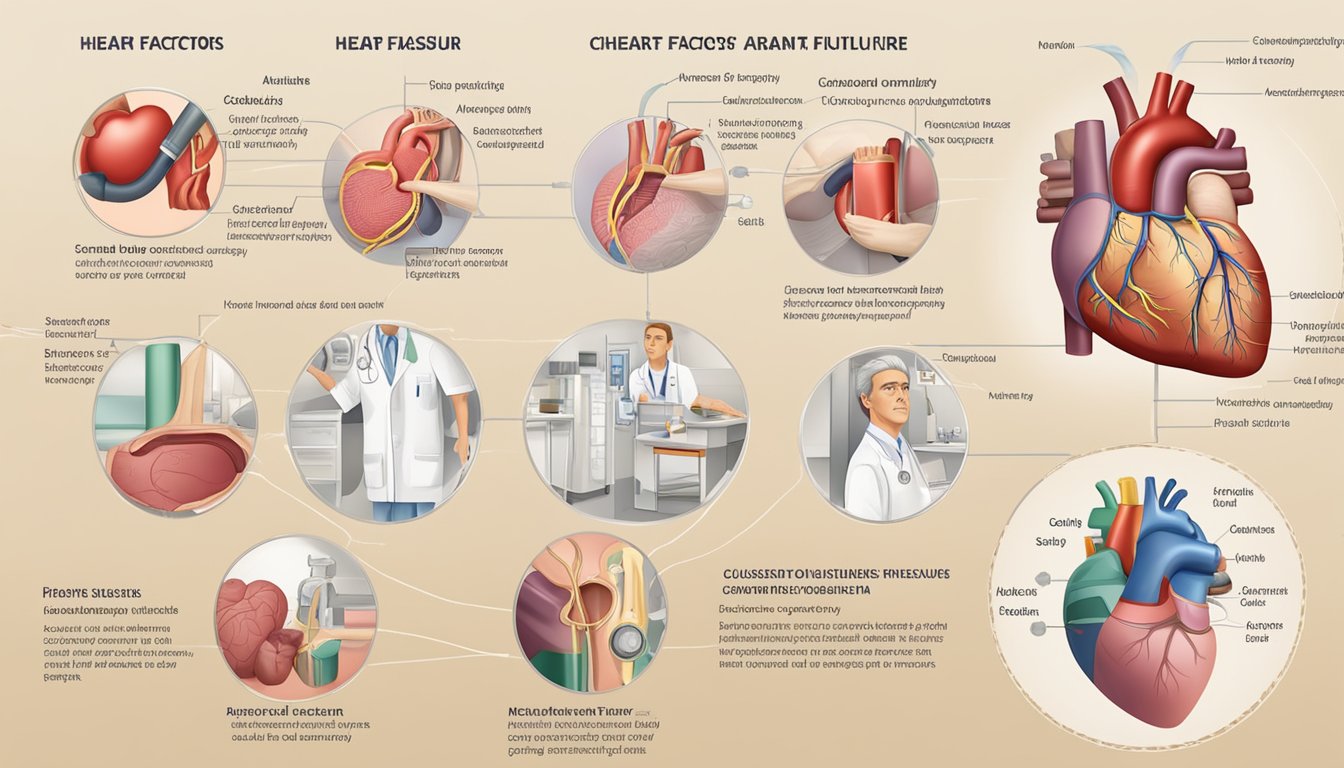 Various risk factors and causes of heart failure, such as high blood pressure and coronary artery disease, are depicted in a medical illustration