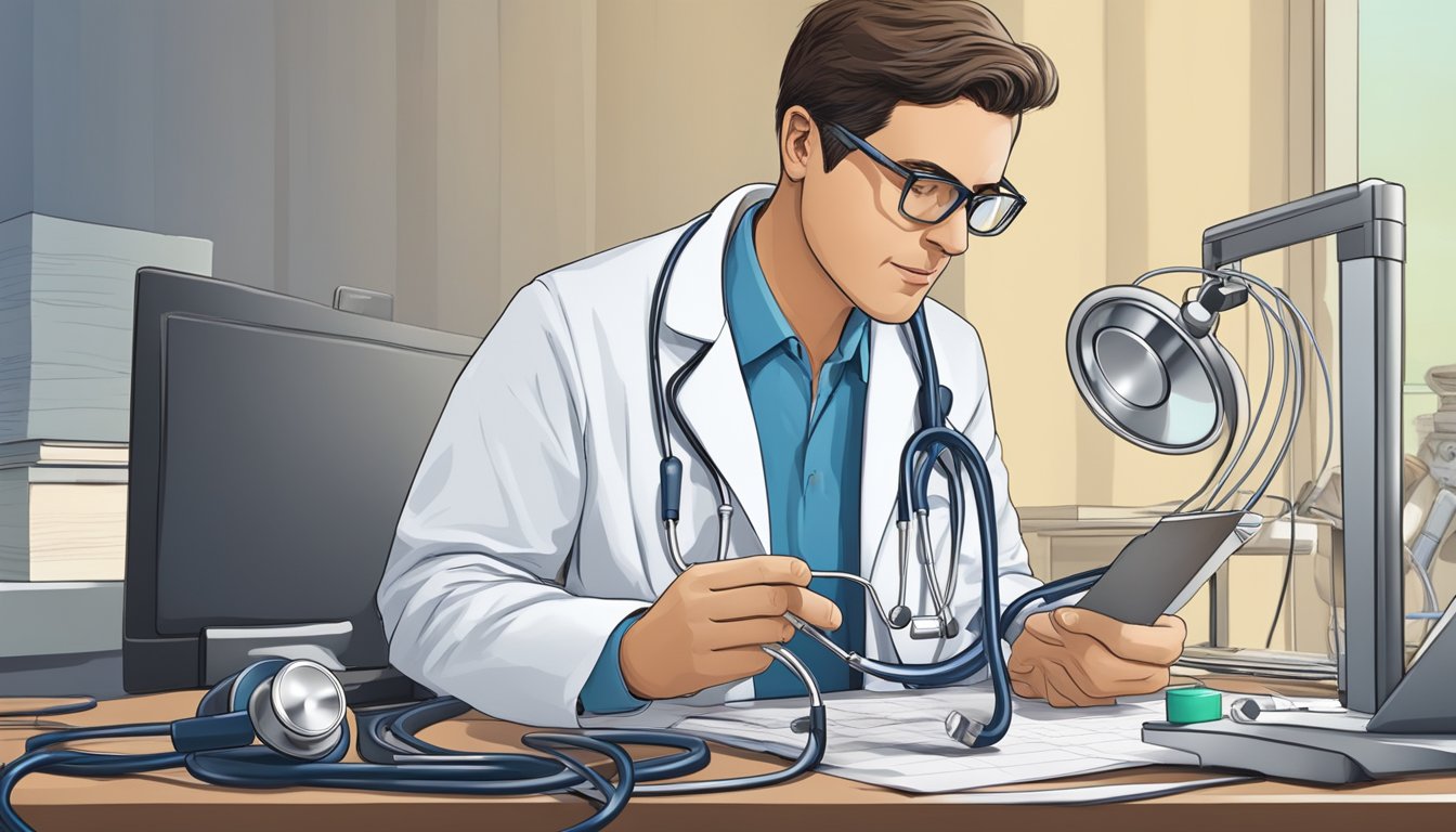 A stethoscope listening to a beating heart, an EKG showing irregularities, and a doctor reviewing lab results