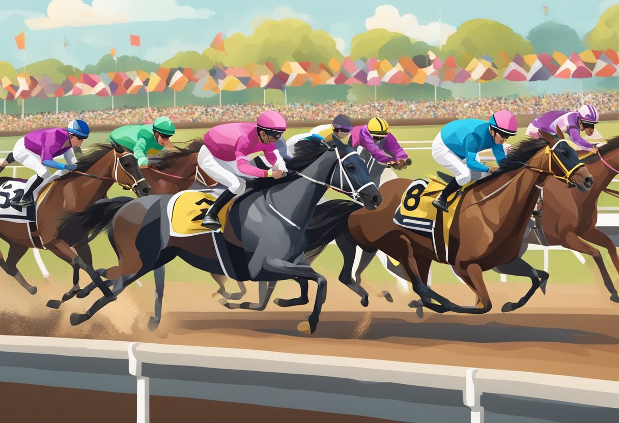 Horses racing around the track, jockeys in colorful silks, crowds cheering in the stands, and the finish line in the distance