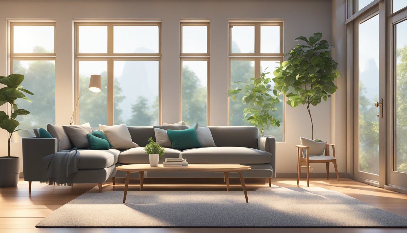 A modern living room with sleek furniture, soft lighting, and a cozy rug. A large window lets in natural light, and a potted plant adds a touch of greenery