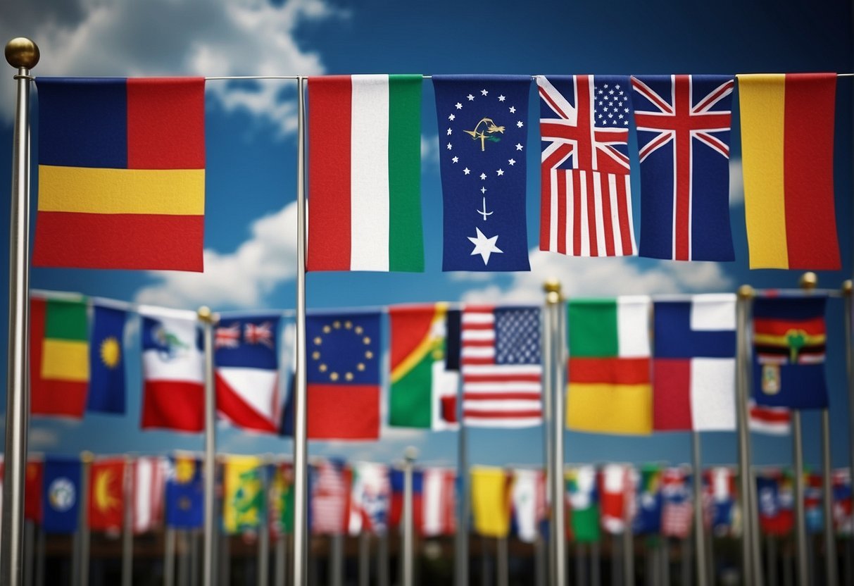 Global flags flying in unison, trade symbols intertwining, and diverse regulations blending into one harmonious system