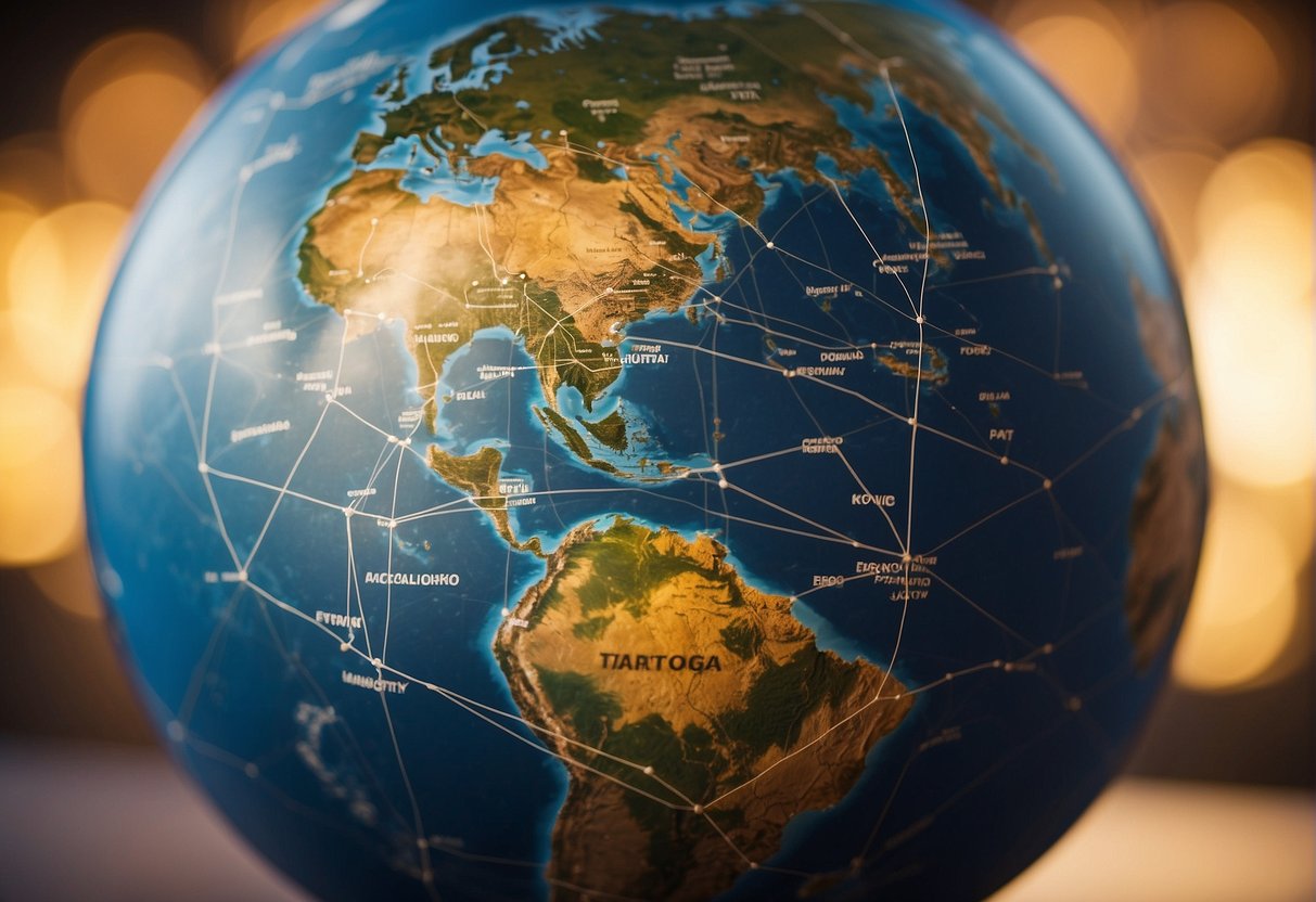 A globe surrounded by interconnected trade routes, with arrows representing opportunities and vulnerabilities emerging from global post-trade regulation