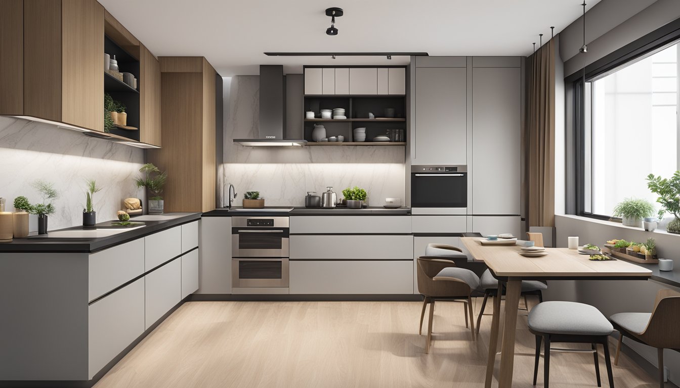 A spacious 5-room HDB kitchen with modern design, featuring sleek countertops, ample storage, and integrated appliances
