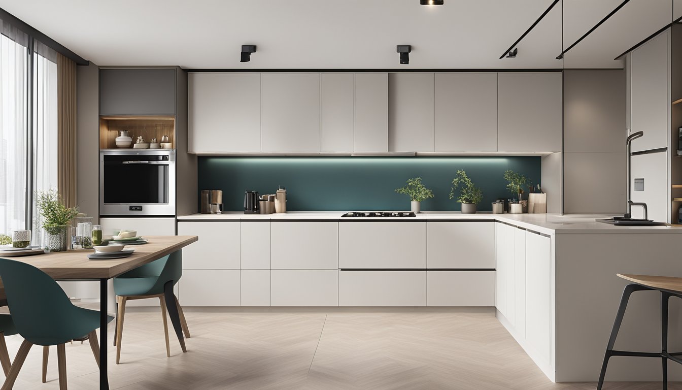 A modern, sleek 5-room HDB kitchen with clean lines, minimalist cabinetry, and integrated appliances. Neutral color palette with pops of vibrant accents