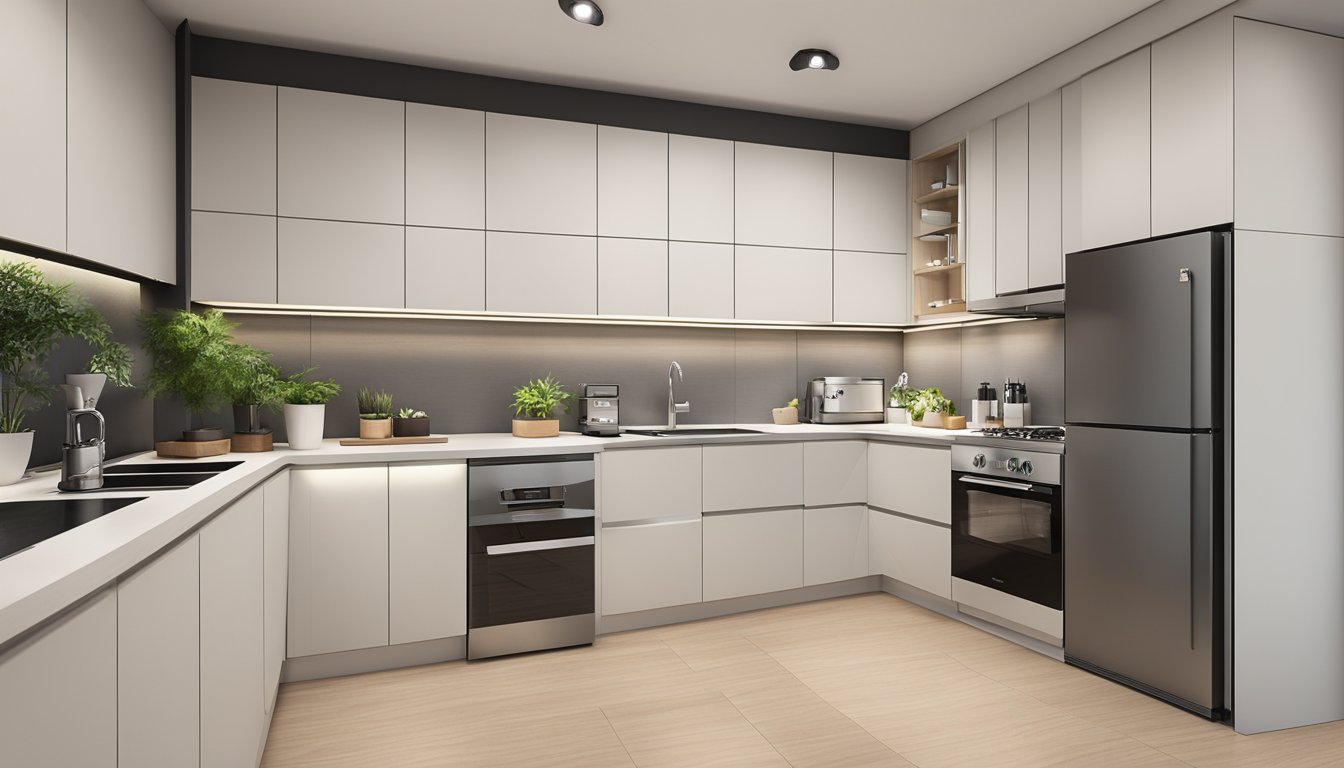 A spacious 5-room HDB kitchen with modern design elements, ample storage, and sleek appliances. Bright lighting and clean lines create a welcoming and functional space