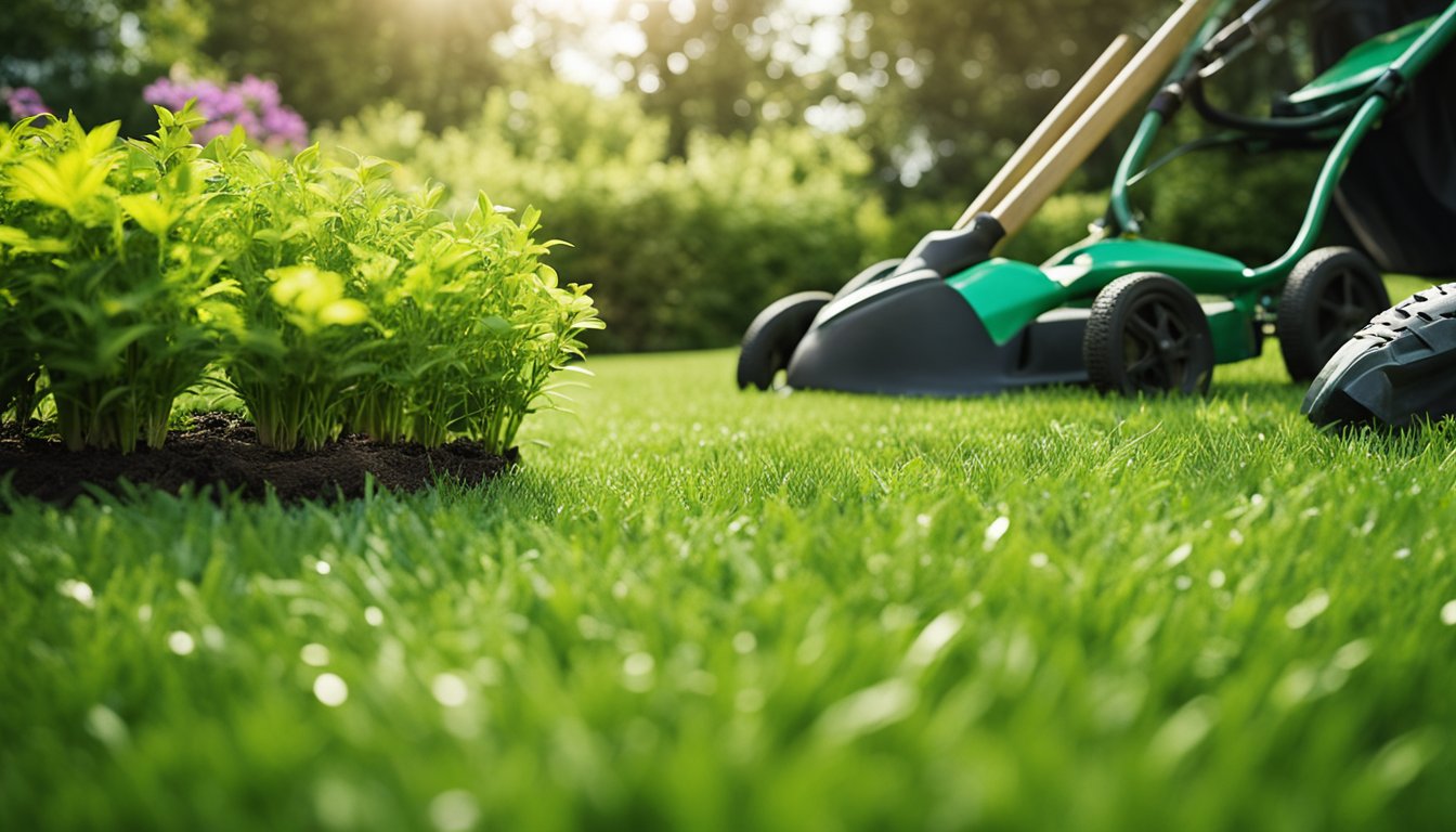 A lush green lawn with patches of discoloration and wilting grass, surrounded by gardening tools and a variety of lawn care products