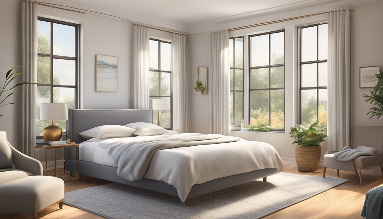 A queen size mattress sits in a spacious bedroom, adorned with crisp white linens and fluffy pillows. The room is bathed in soft, natural light, creating a warm and inviting atmosphere