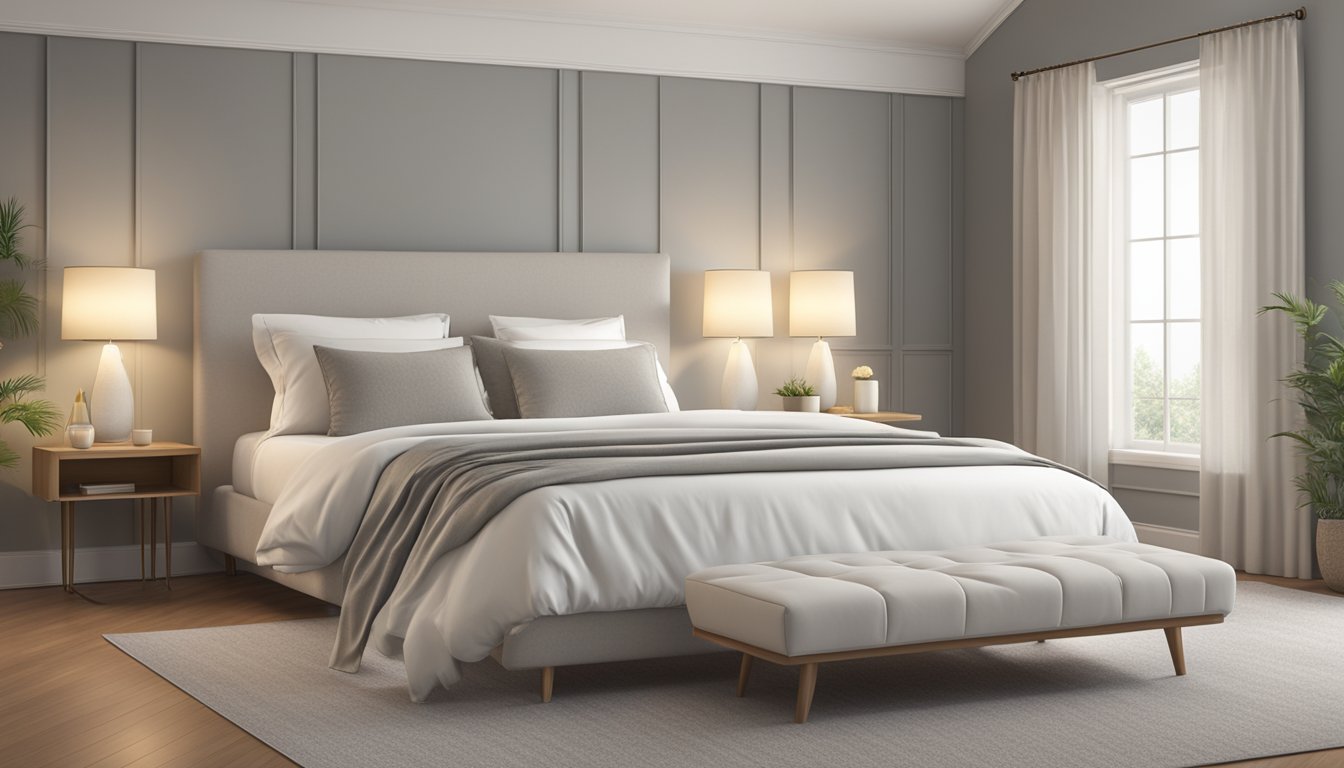 A queen size bed with clean white sheets and two fluffy pillows, set against a neutral backdrop with soft lighting