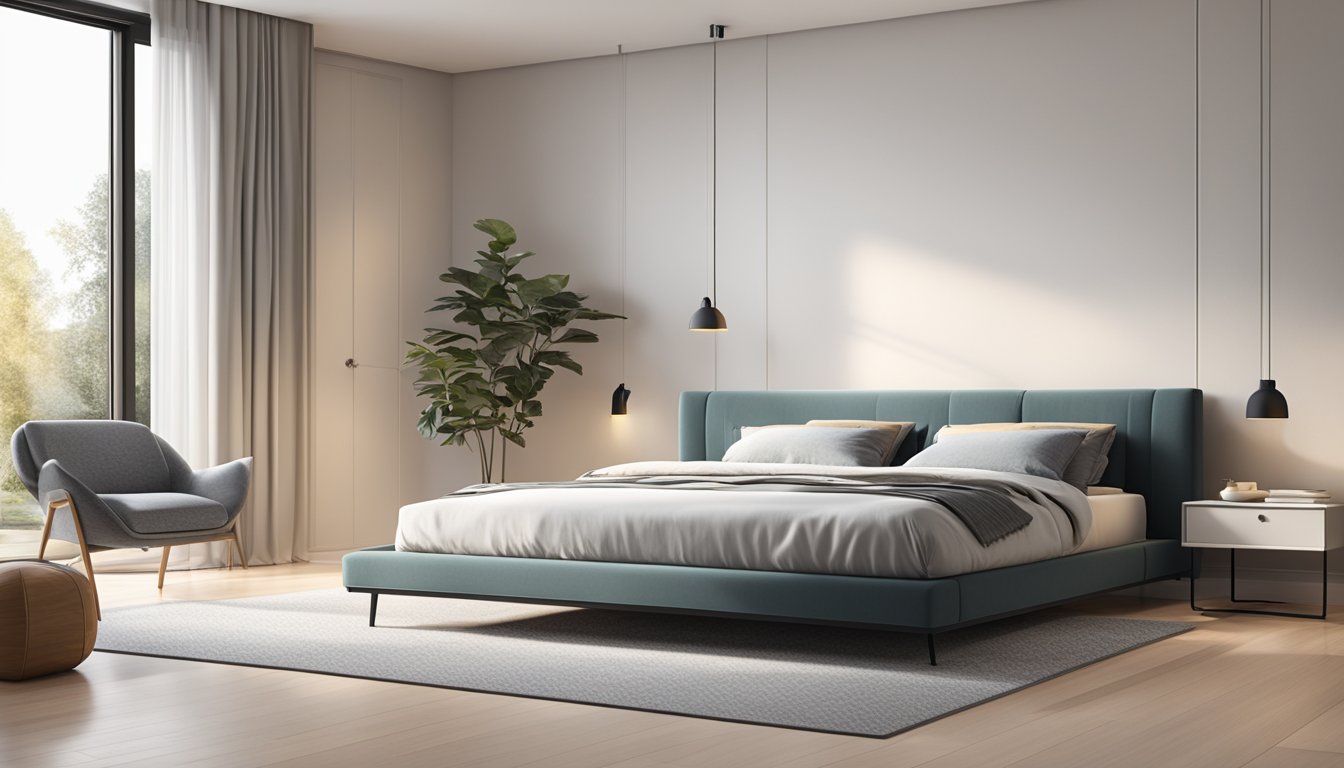 A sleek, modern bed frame in a spacious, well-lit bedroom with minimalist decor and a cozy, inviting atmosphere