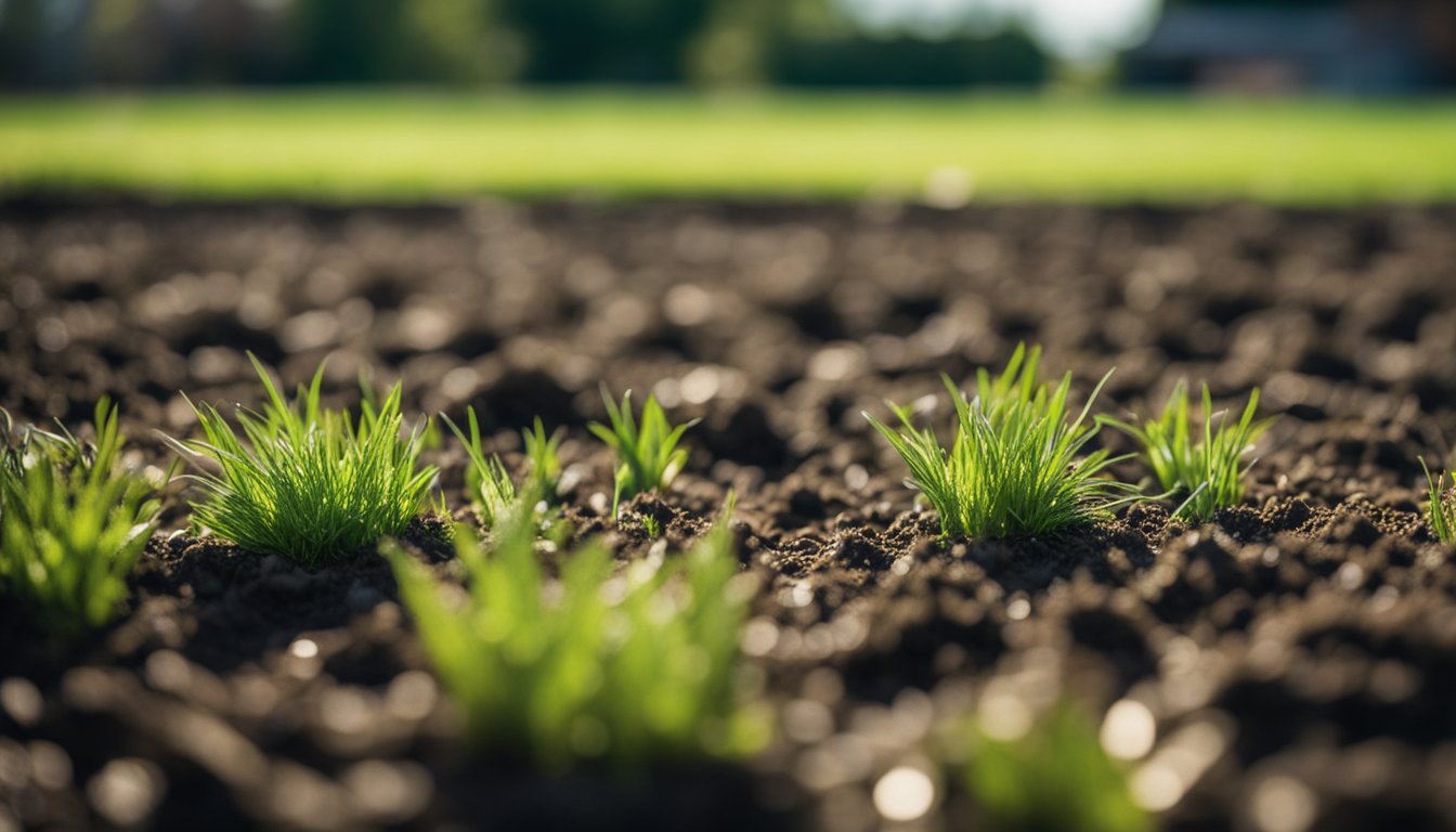 A patchy lawn with bare spots and damaged areas being filled in with grass seed and covered with a layer of topsoil