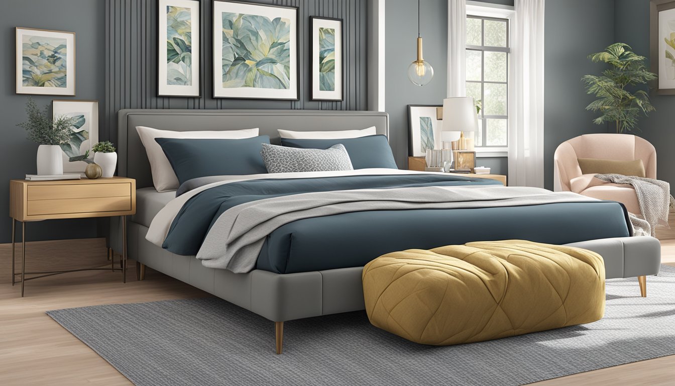 A bedroom with a modern, sleek bed frame, surrounded by various bedding options and decor