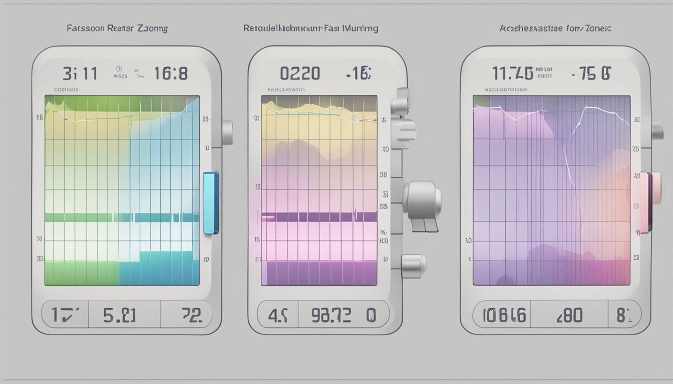 A heart rate monitor displays different heart rate zones: resting, fat burning, aerobic, anaerobic, and maximum